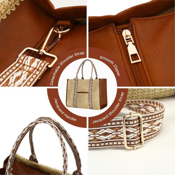 Straw Beach Tote Bag Women's Summer Handmade Woven Shoulder Purse - Picture 7 of 8